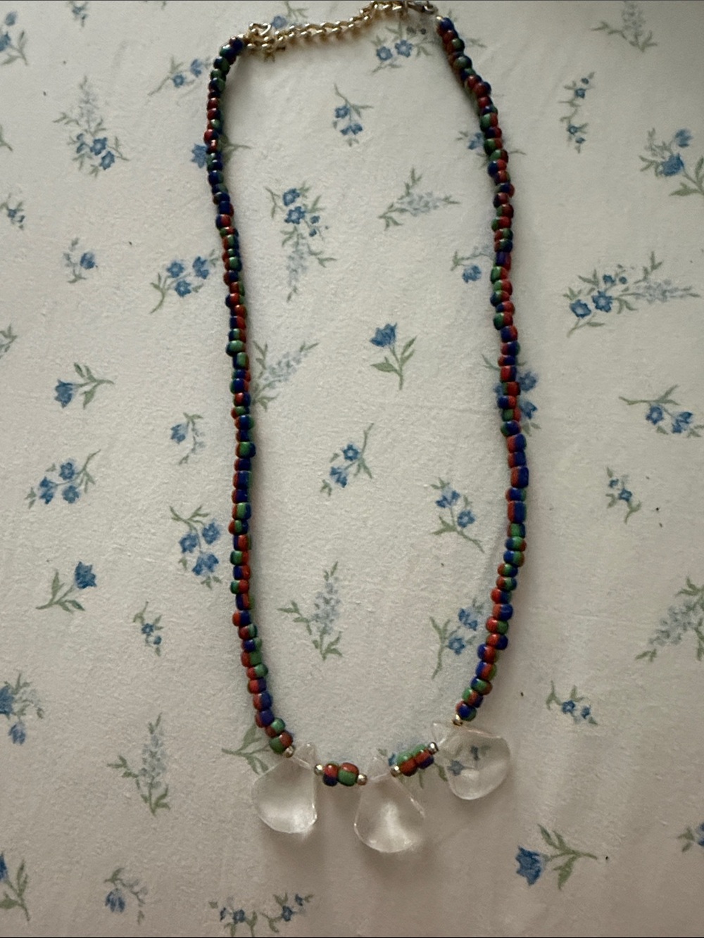 Handmade Multicolor Beaded Necklace with Clear Teardrop Pendants